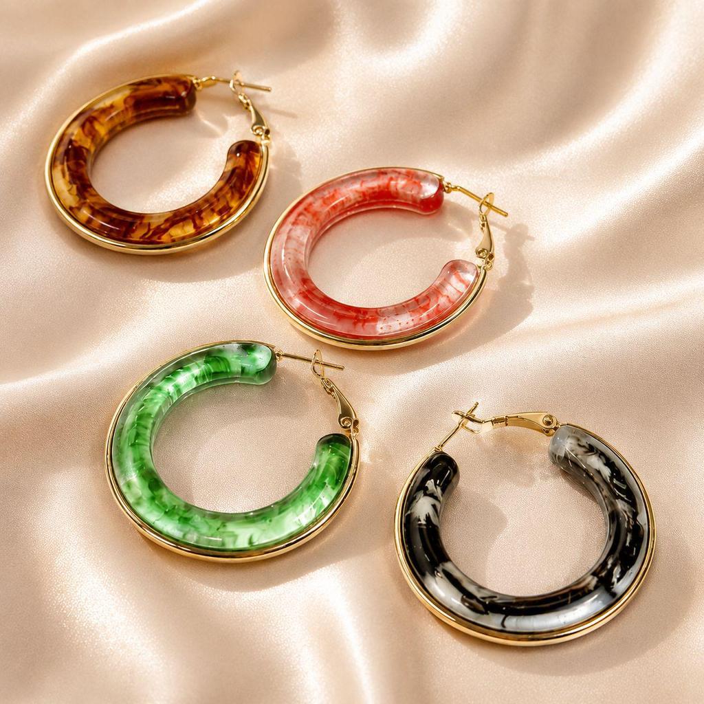 Low Saturation Minimalist Retro Round Hoop Earrings - Stainless Steel & Multi-color Resin