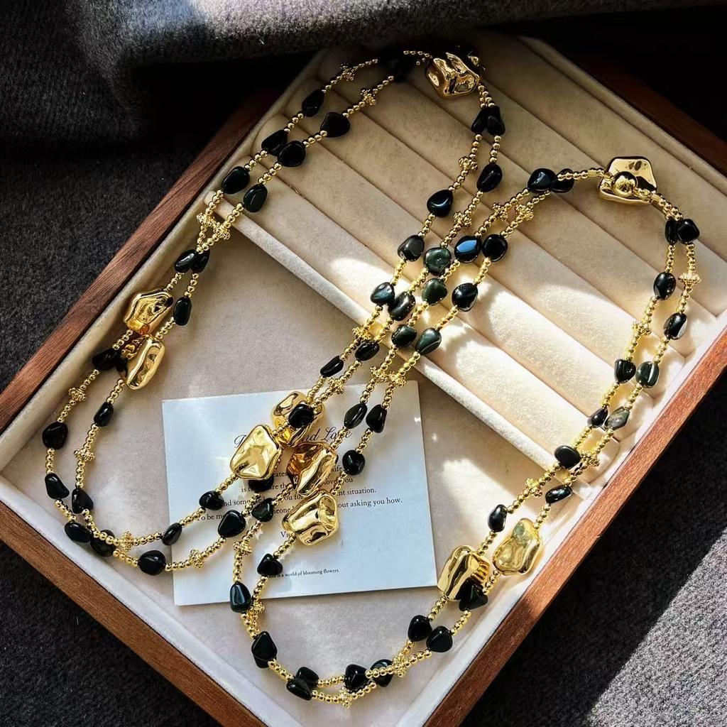 Vintage High Quality Natural Black Agate Design Sweater Chain Necklace Collarbone Chain