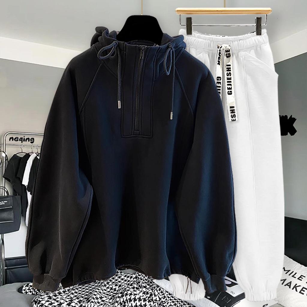 High-Quality Oversized Half-Zip Hoodie - Solid Color, Breathable Patchwork Design for Spring & Autumn
