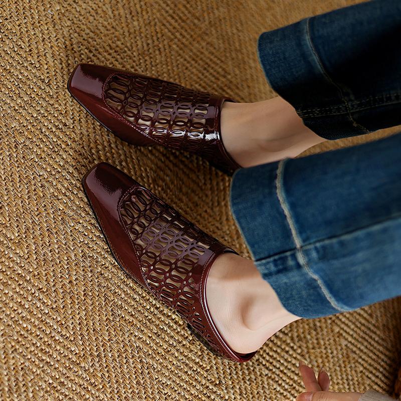 Fashion 2025 New Summer/Spring Women Mules Split Leather Women Shoes Square Toe Chunky Heel Shoes Cover Toe Women Sandals Soft Shoes