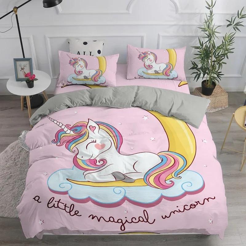 Children 3D Cute Unicorn Cartoon Bedding Set Twin Single Sizes 2/3 Pcs Bed Linen With Pillowcase Home Duvet Cover 90 Bedclothes