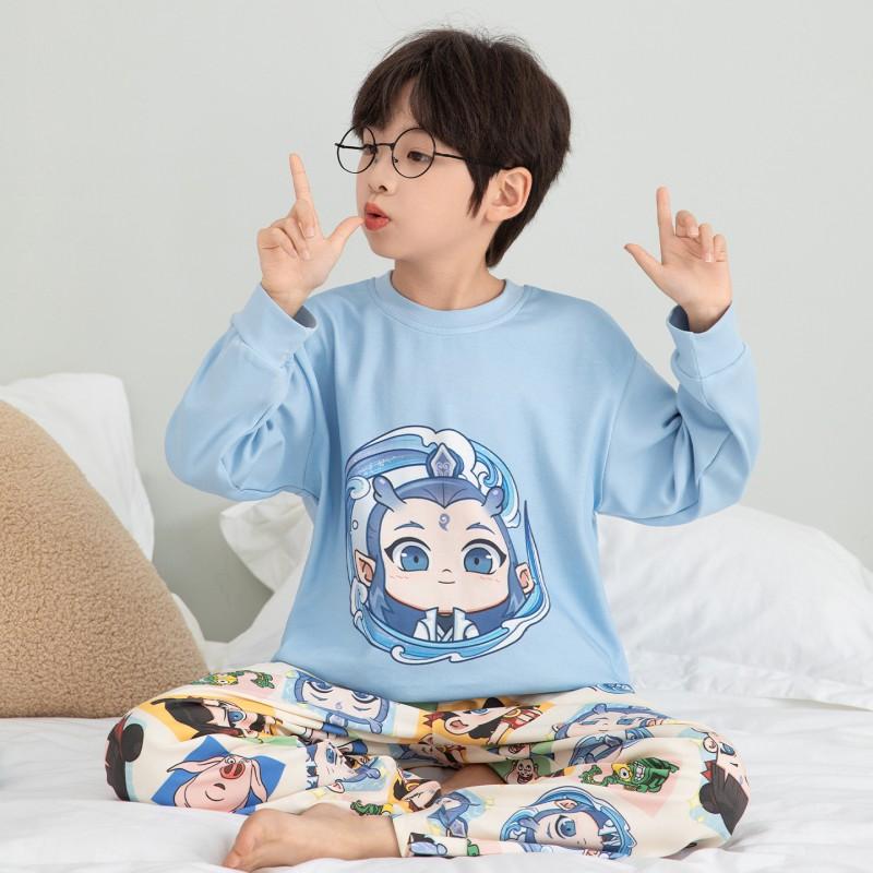 Boys Cotton Pajama Set Long Sleeve Cartoon Print Sleepwear Kids Teens Home Wear