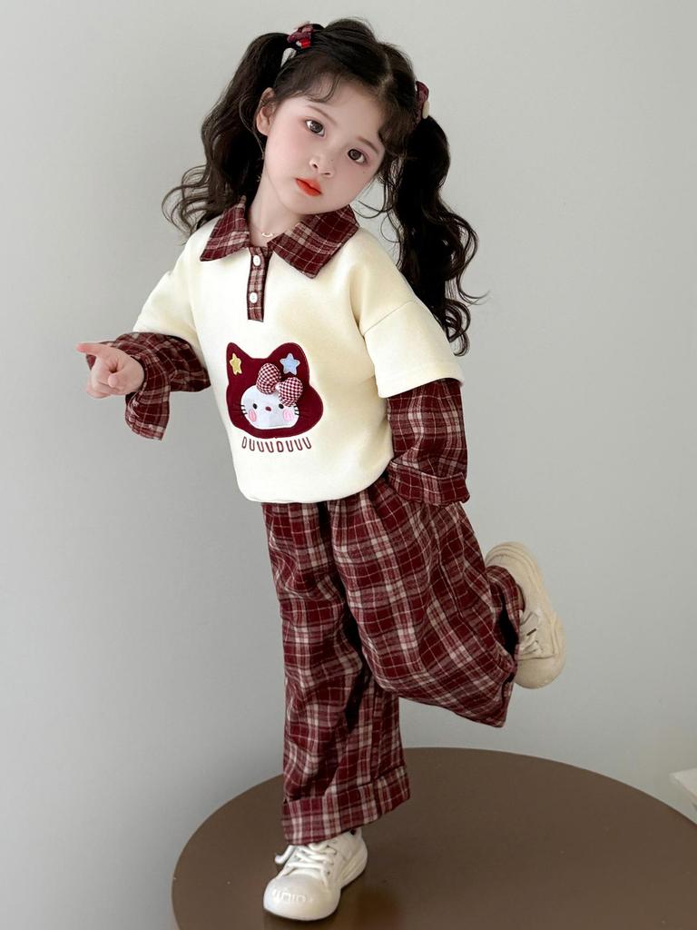 Girls' 2025 Fashion Spring & Autumn Outfit - Red Plaid Two-in-One Set for Toddlers