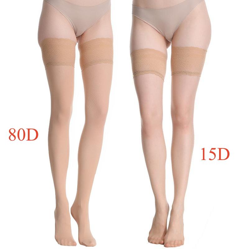 Women Sexy Lace Top Silicone Stay Up Thigh High Stockings 80D Velvet Leg Warmers For Autumn 15D Ultrathin Medias For Summer