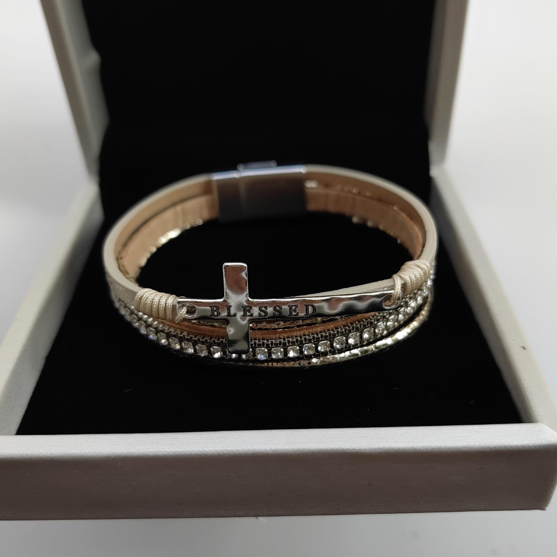 Bohemian Multi-Layer Leather Cross Bracelet with Rhinestones for Women