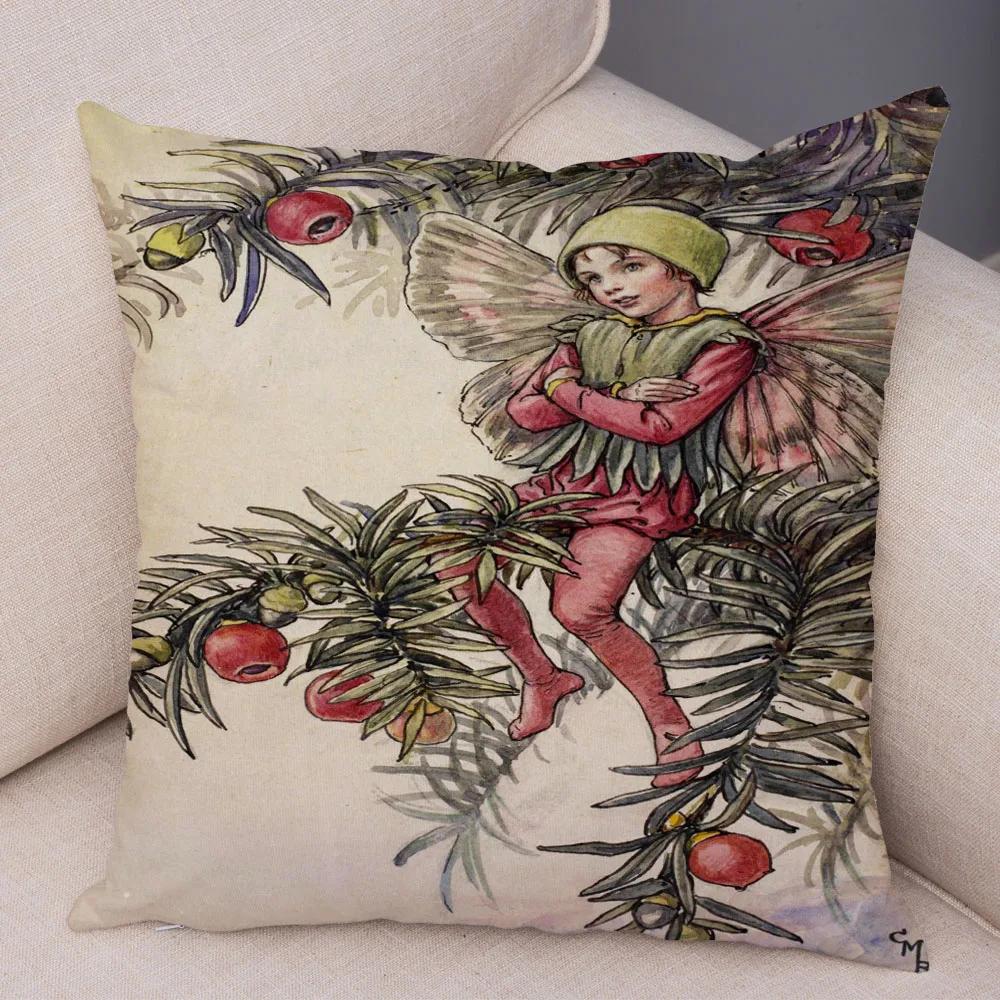 Vintage Cartoon Elfen Kissenbezug Dekor Bunte Märchenwelt Kissenbezug Plüsch Blumenmädchen Kissenbezug für Sofa Zuhause
