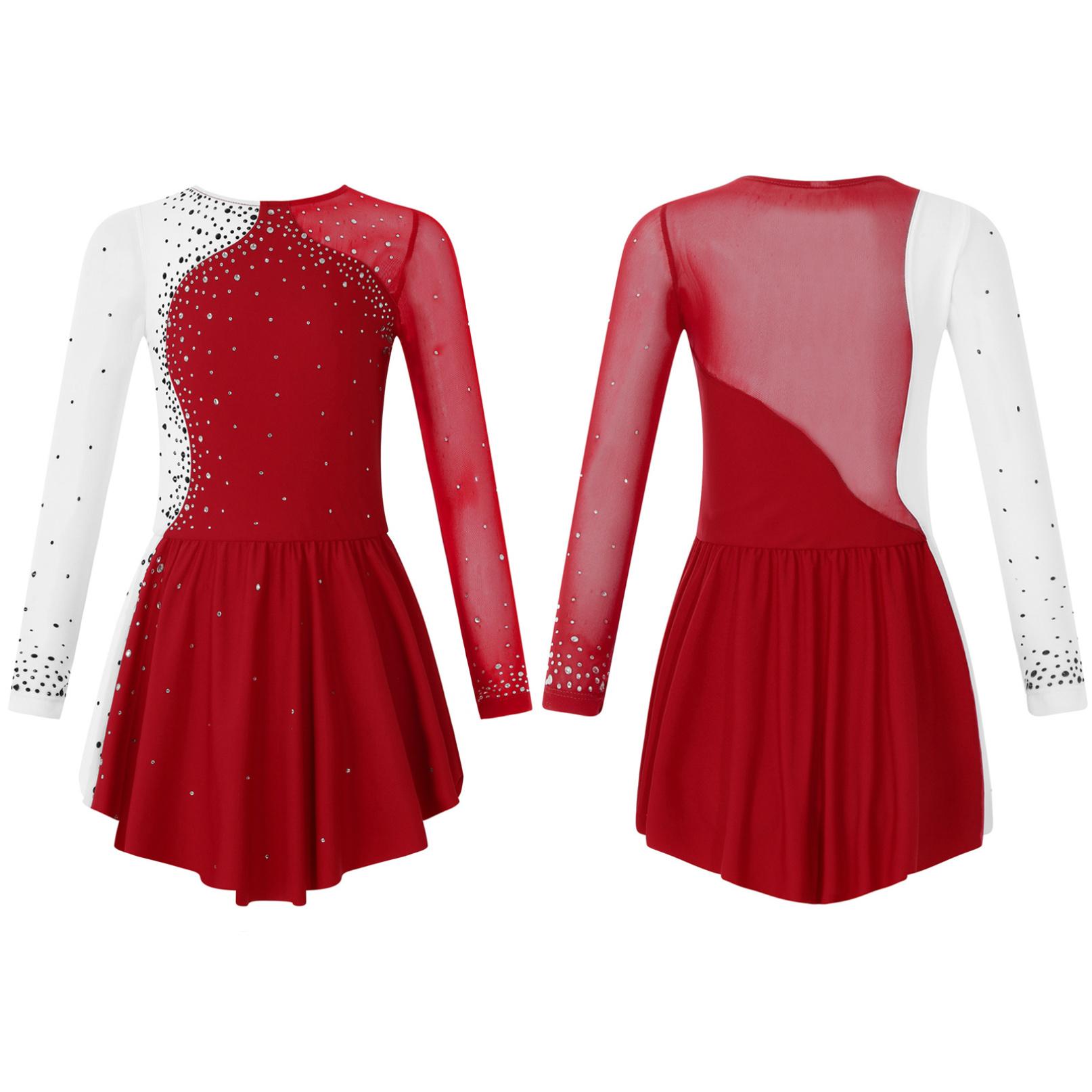 

Сукня для фігурного катання на ковзанах для дітей, модна танцювальна сукня з довгим рукавом і блискучими стразами для катання на ковзанах 13-14 Years бордовий