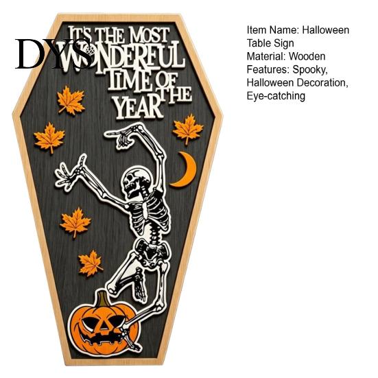 Halloween Wooden Ornaments Table Sign, Spooky Message Board, Tabletop Centerpiece with Skeleton Season Home Decor And Maple Leaves for Haunted