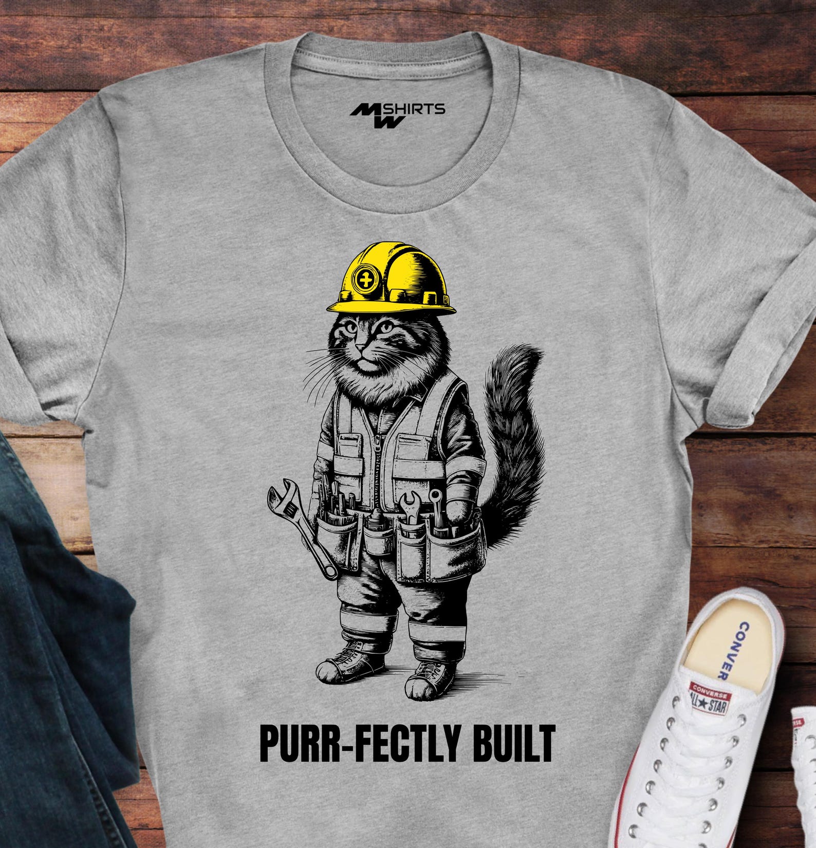 Construction Cat T-Shirt - Purr-fectly Build M