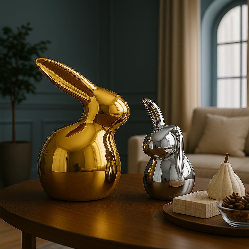 Home Décor Ceramic Cute Golden & Silver Rabbit Figurines (Set of 2, Golden and Silver)