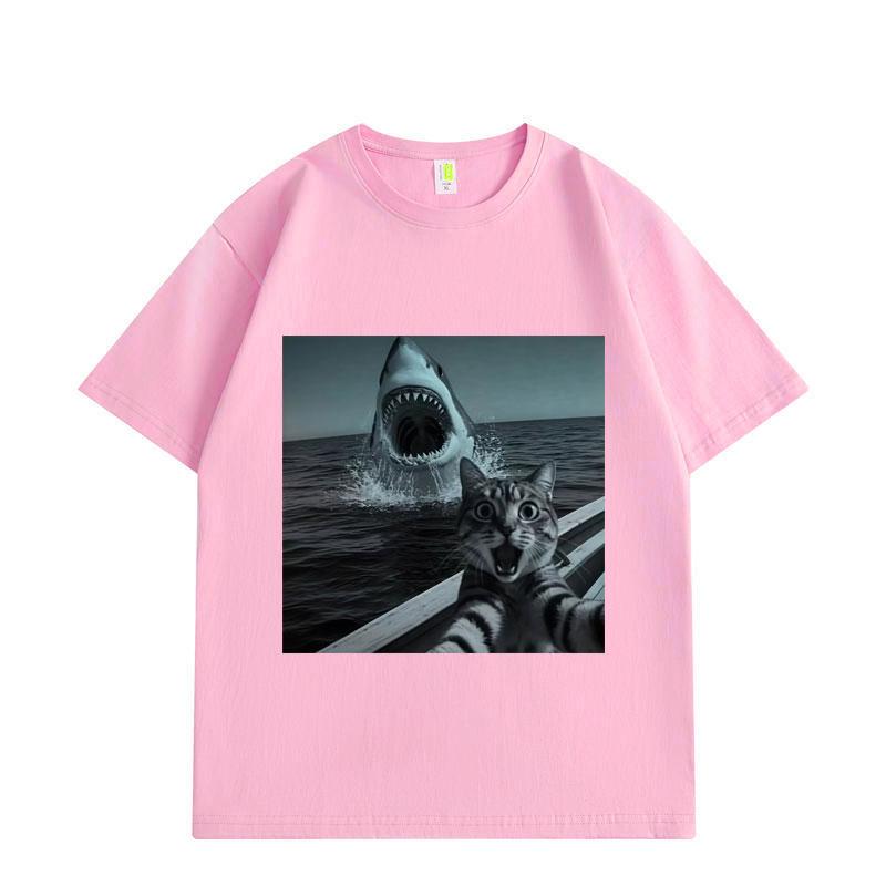 Selfie Chat avec Requin T-shirts Graphiques Drôles Hommes Femmes Mode Vintage Manches Courtes T-shirts Été Lâche Coton T-shirt
