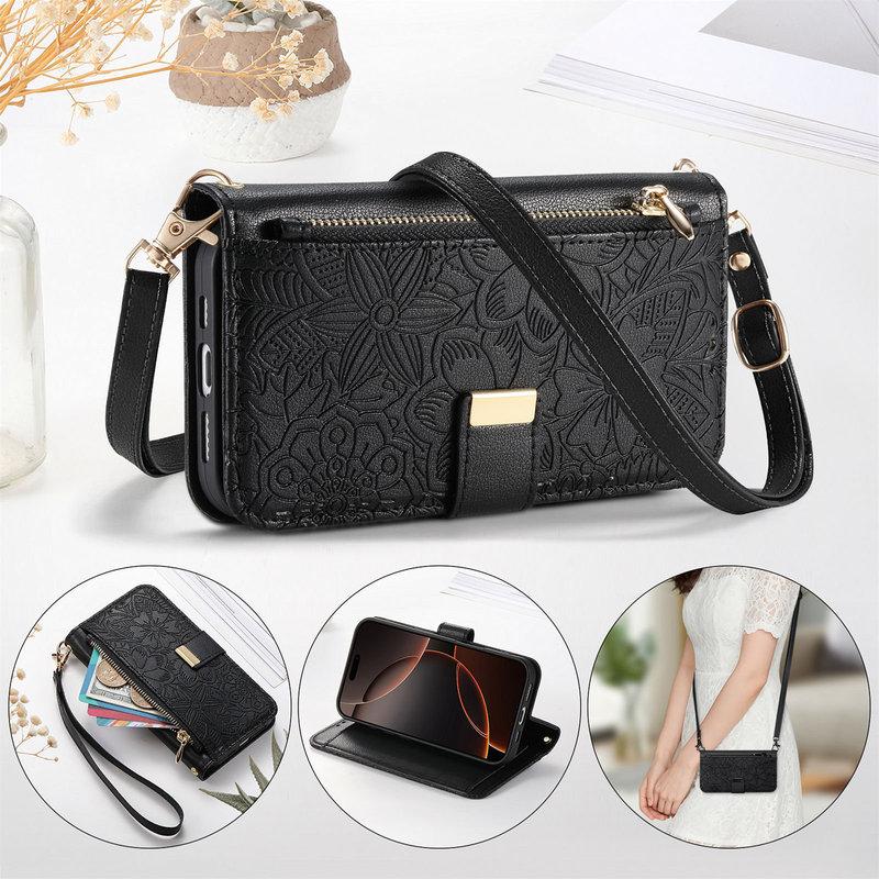 PU Leather Zipper Crossbody Flip Wallet Card Slot Phone Case For Samsung Galaxy S25 Plus S24 FE S23 Ultra S22 Wrist Strap Cover