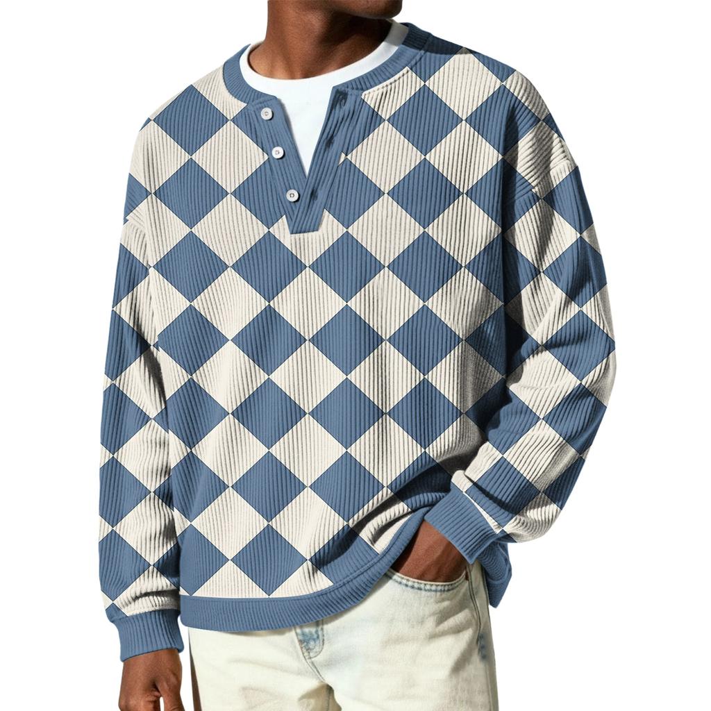 Męski sweter z dzianiny prążkowanej z długim rękawem, z kołnierzykiem zapinanym na guziki