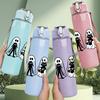 1PC Three White Ghost Line Art 750ml Color Plastic Sports Water Bottle Leakproof Flip Straw Lid Suitable for Sports Office Home Use