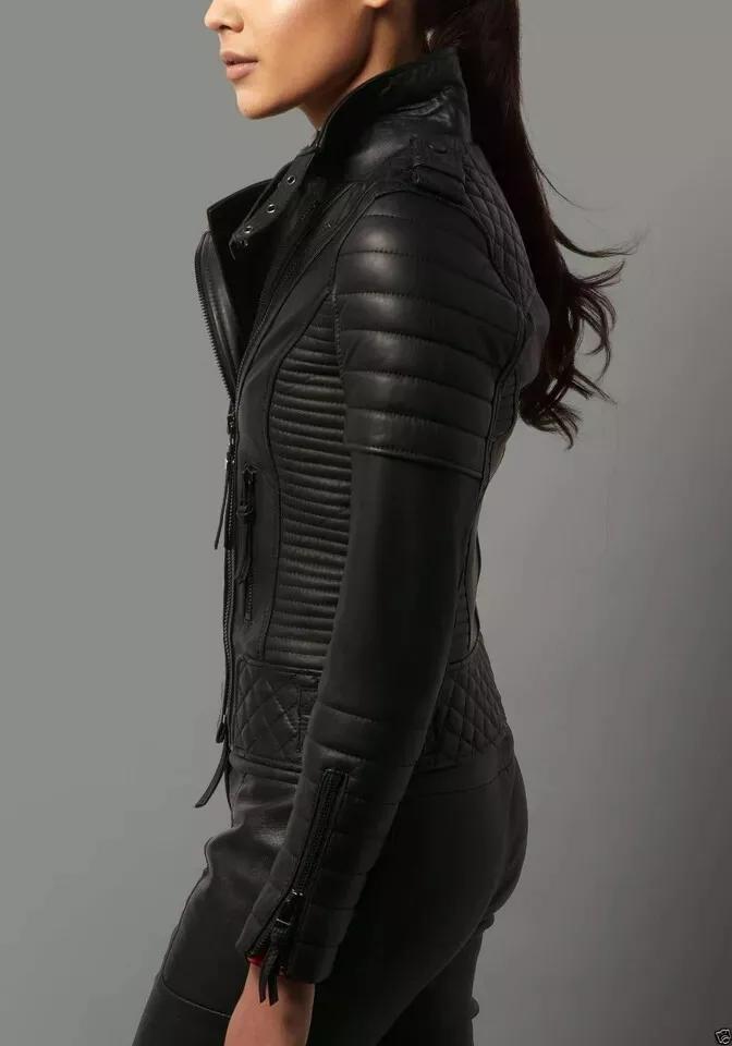 AL KHALID Äkta Mjukt Lammskinn Läder Motorcykelstil Svart Damjacka Biker Stilfull