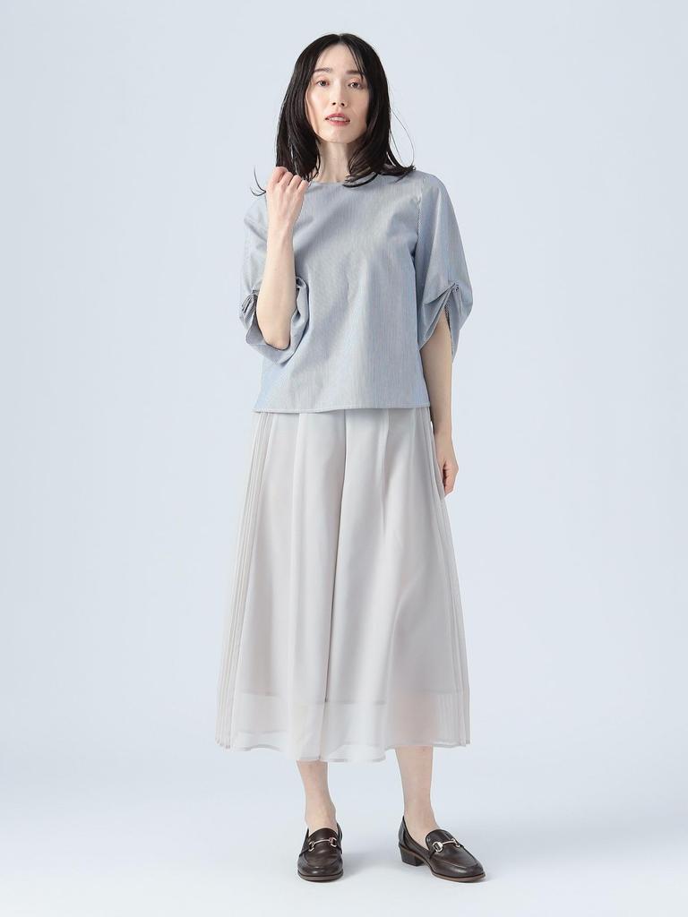Beams Heart Stripe Blouse with Voluminous One Size Women's S/S Sleeves,