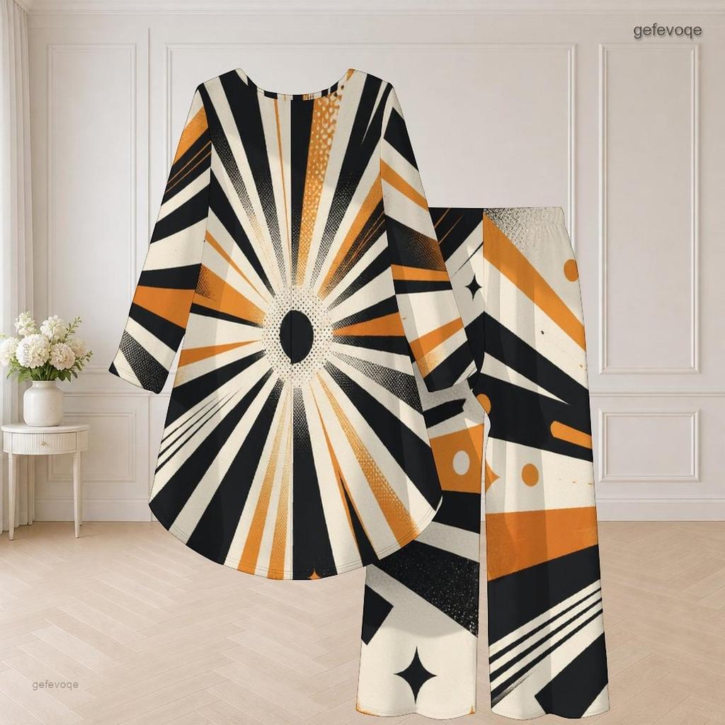 Women Plus Size Round Neck Long Sleeve Printed Navy Blue White High Low Top Wide Leg Pants Two Piece Set