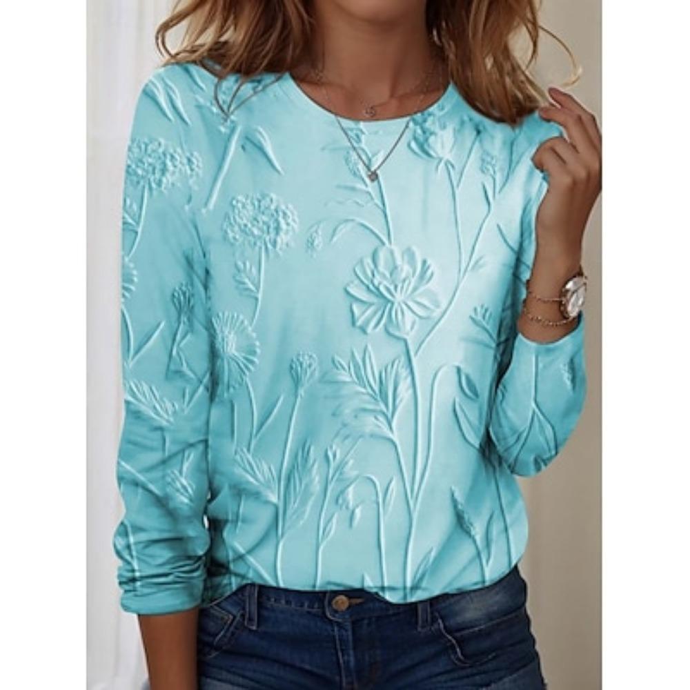 Women's T Shirt Floral Casual Long Sleeve Round Neck Regular Tops Weekend Print Clothing