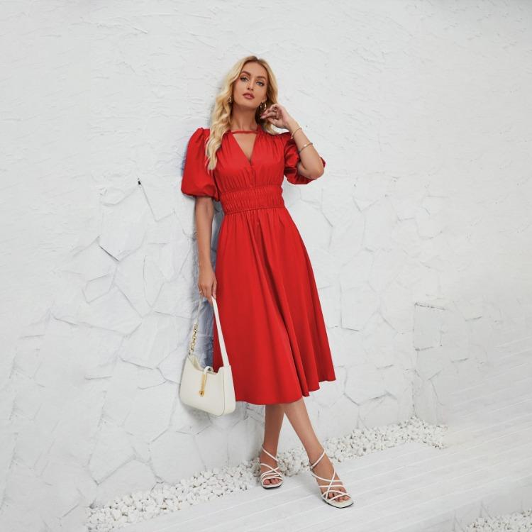 Summer Women Strapless Pleated Dress Solid Short Sleeve Ankle-Length Fashion