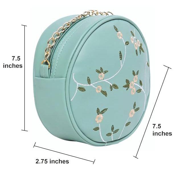 Women Girls Round Embroided Sling Bag