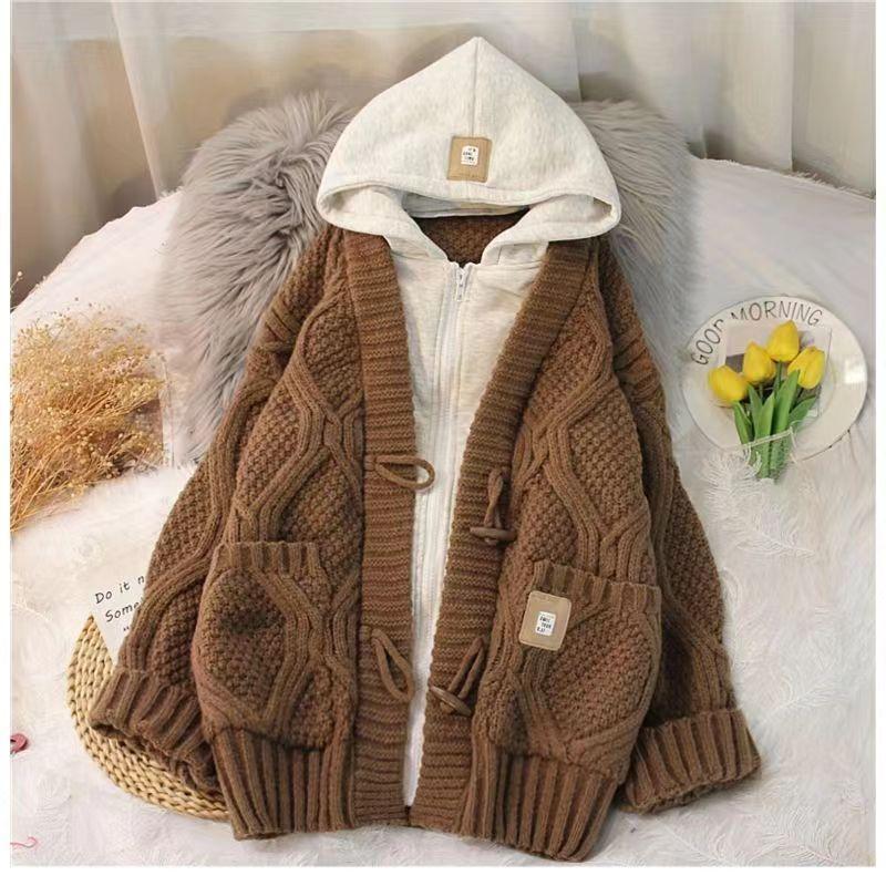 

Fake Two Hooded Sweater Coat Women s Autumn And Winter Twist Loose Fit Long Thick Tops Cheap Oversized Cardigan L кавовий