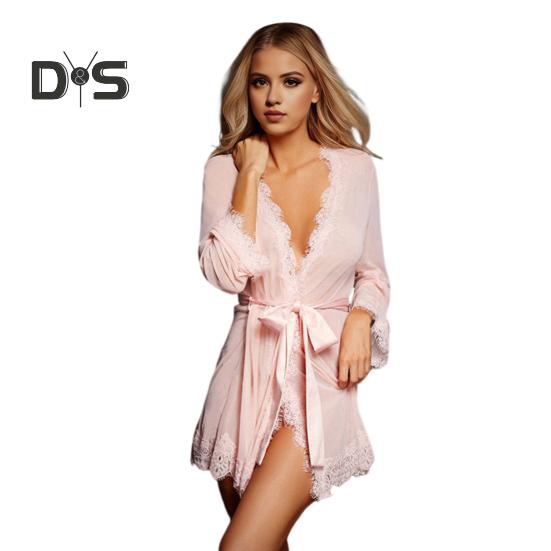 Lady Summer Nightdress with Tie-up Belt Thin See-through Mesh V Neck Sensual Sleepwear Lace Trim Nightie Bedroom Honeymoon Wedding Night Dress