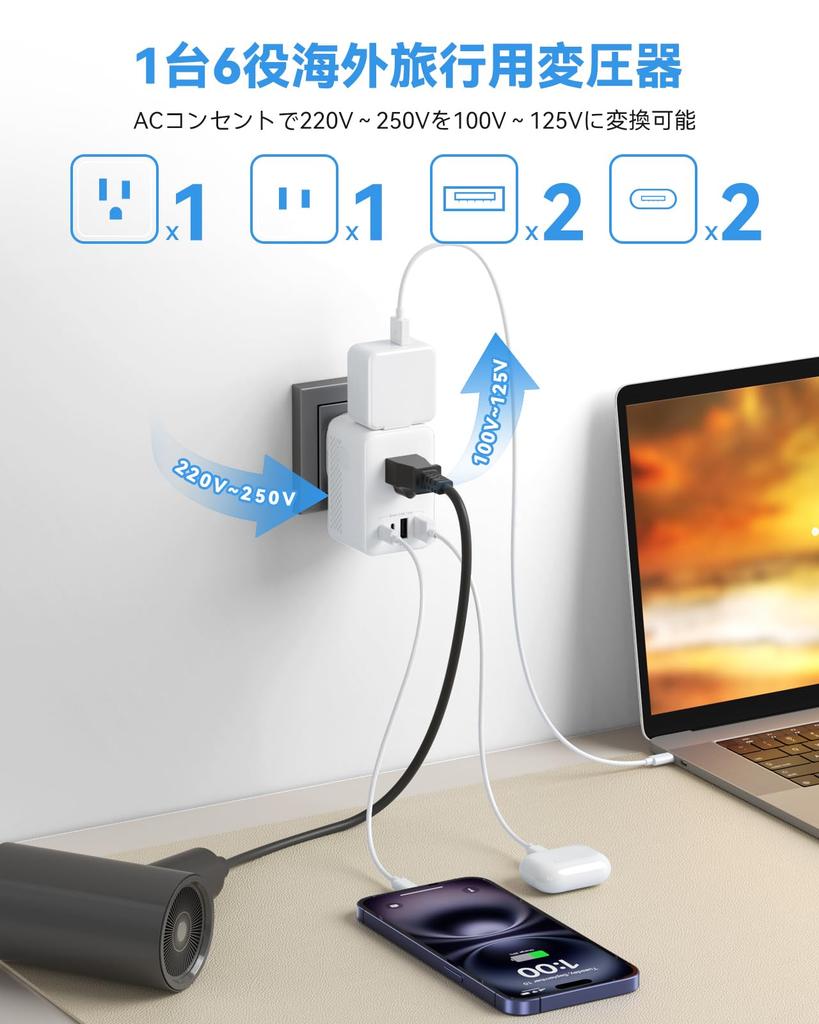 220V To 100V Travel Transformer 2 AC Outlets 4 USB Ports Compatible with Plug Types Compatible with and More + (2 USB-C) A/BF/C/O USA, Korea,