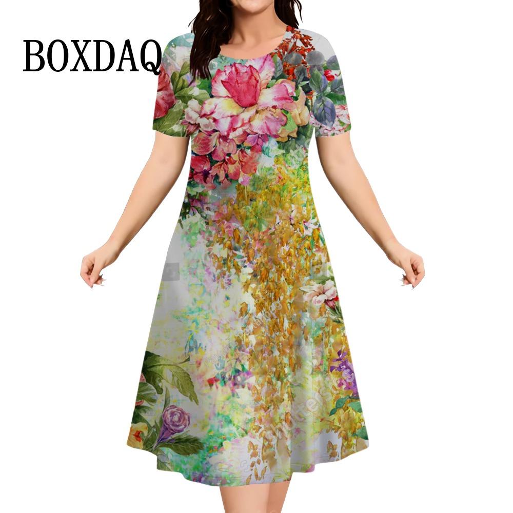 

Retro A-line Dress Women s 3d Printed Short-sleeved Loose Summer Casual Pullover Mini Dress S