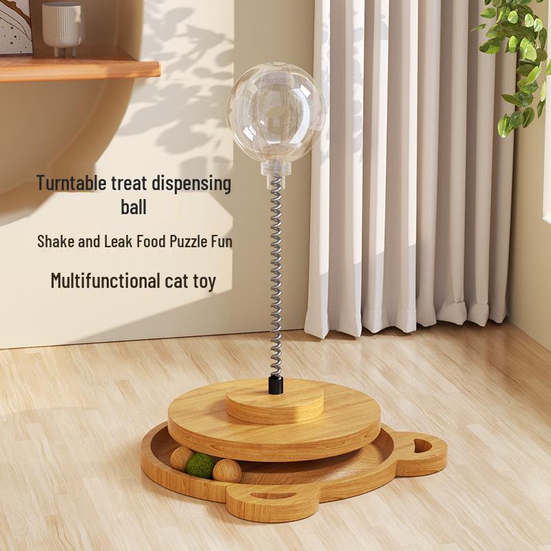 Solid Wood Rotating Catnip Ball and Teaser Wand Set - Cat Food Dispenser & Toy