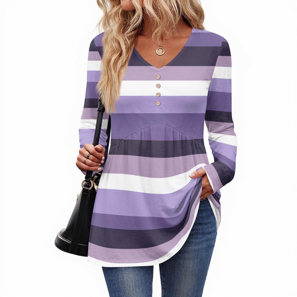 Women's Casual Fashion V-Neck Button Striped Long Sleeve Top