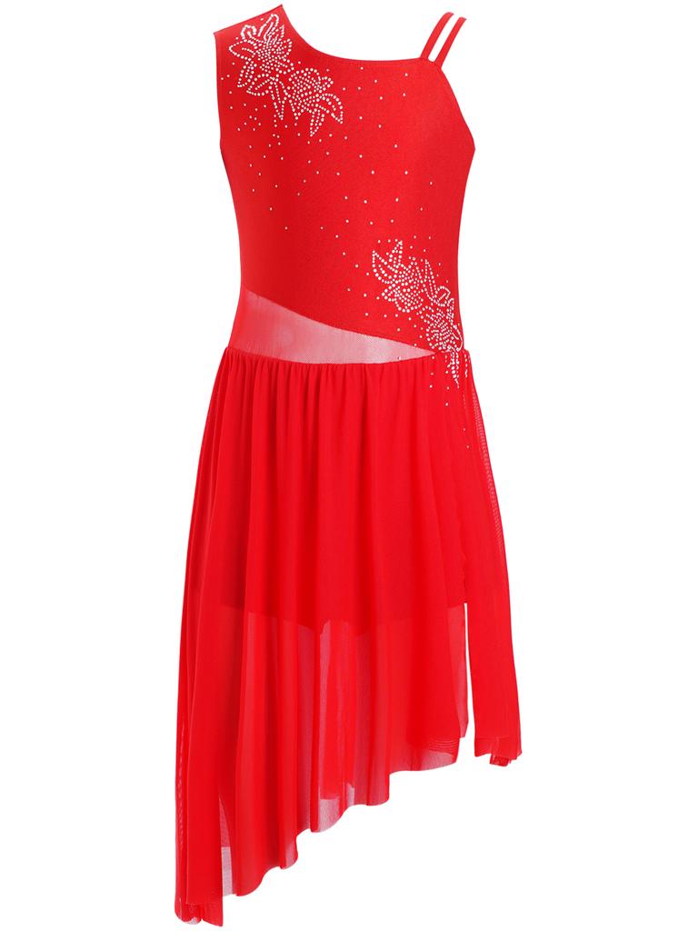 Rochie Dans Liric Fete Fără Mâneci Strălucitoare Strasuri Model Floral Asimetrică Cu Șliț Lateral Rochie de Performanță