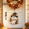 Halloween Door Sign Black Cat Ghost Sign, Decorative Plaque, Wooden Hanging Entrance Ornaments Vintage Rustic Decor with Jute Rope, Seasonal Wall Art
