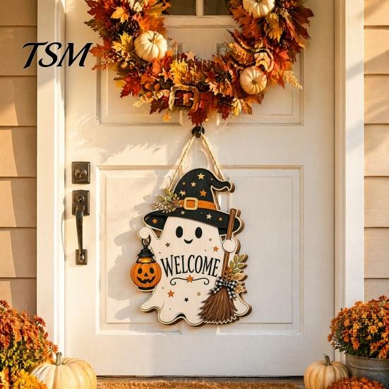 Halloween Door Sign Black Cat Ghost Sign, Decorative Plaque, Wooden Hanging Entrance Ornaments Vintage Rustic Decor with Jute Rope, Seasonal Wall Art