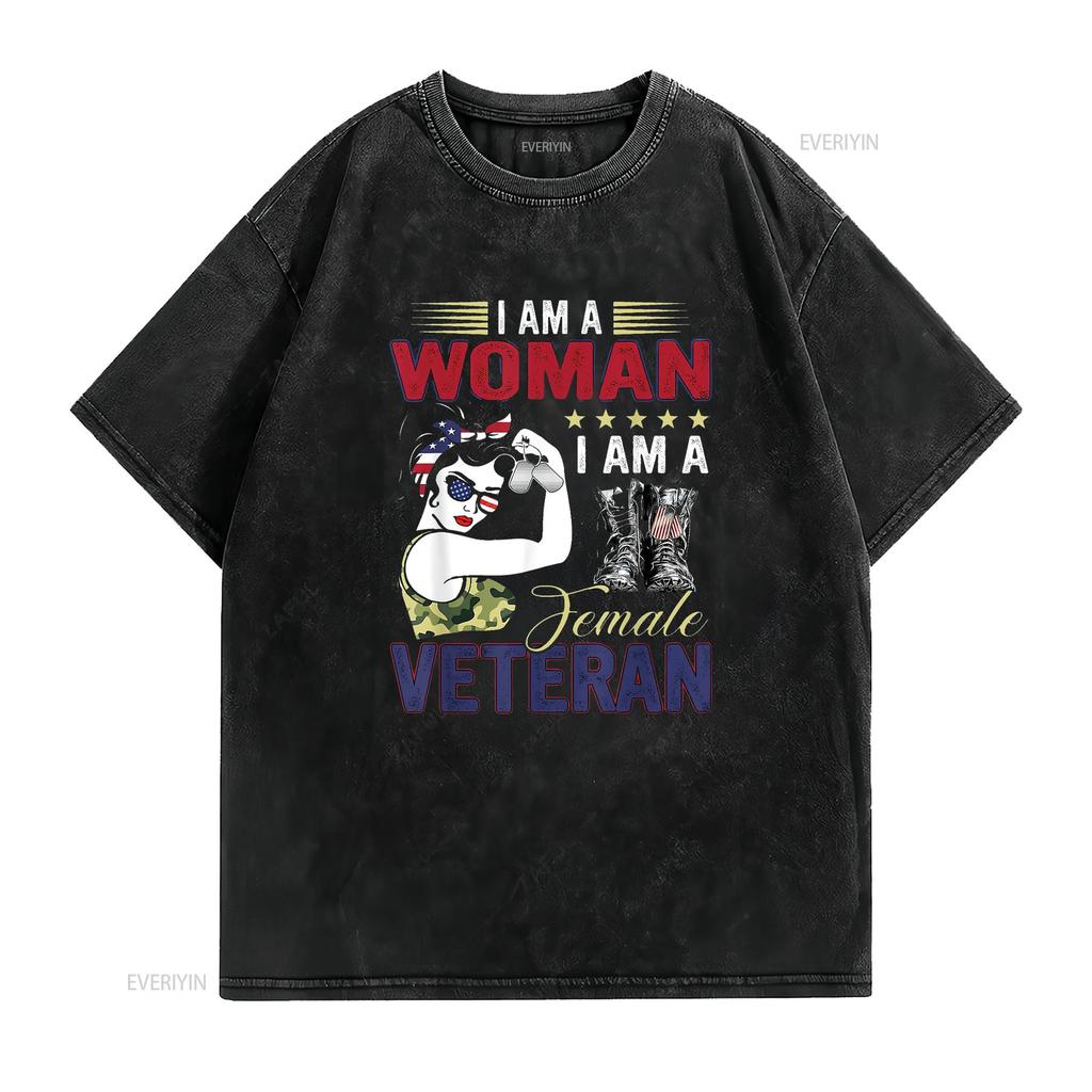 I Am A Woman Veteran Female T Shirt Vintage Washed Unisex Graphic Soft Slightly Fashion Homme Streetwear Designer Clothes