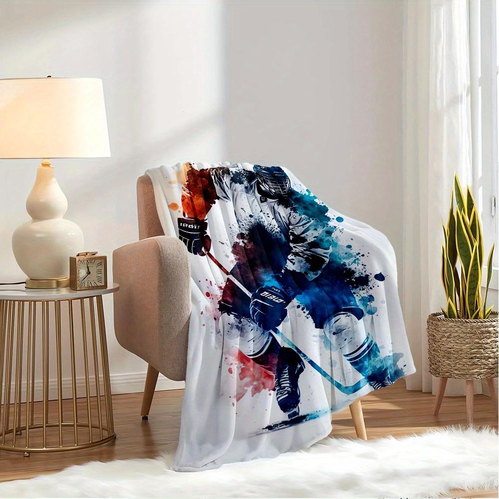For Hockey Player,Action Pose,Watercolor Effect-Themed Flannel Blanket, Glam Style, Digital Print, All-Season Comfort, Tear-Resistant, Knitt