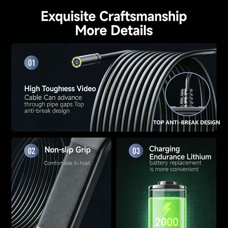 Industrial Endoscope Camera 4.3'' LCD Digital Handheld Borescope IP67 Waterproof HD1080P 8mm Pipe Sewer Camera Semi-Rigid Cable