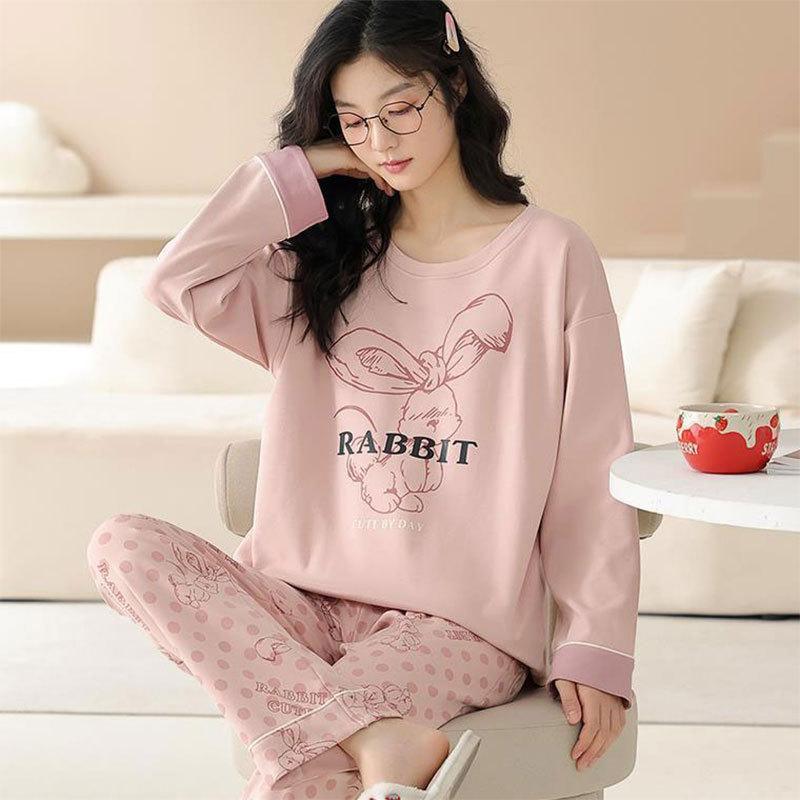 Autumn and Spring Long-Sleeve Women's Home Wear Pants Cartoon Set Pajamas for Ladies