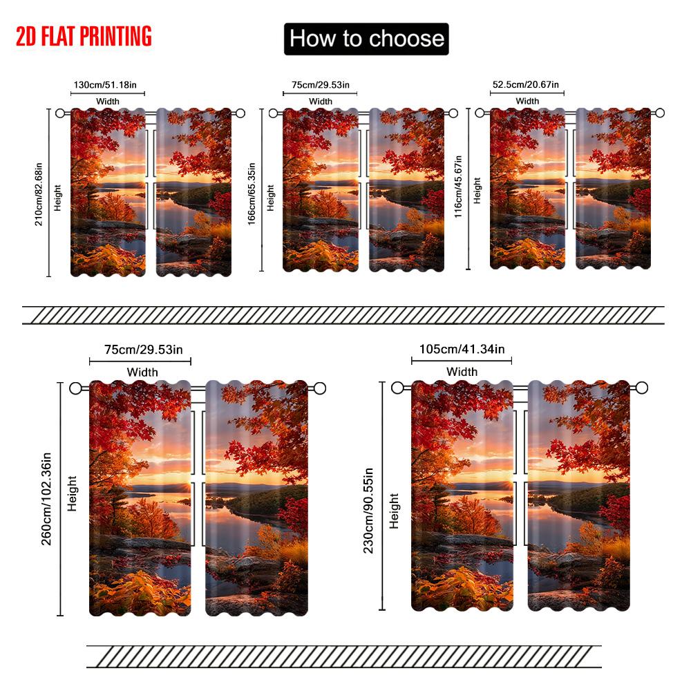 2pcs  2D Plane Printing Curtains Digital Printed Autumn Sunset & Maple Leaf Durable 100% Polyester Fabric (without Rod) Versatile