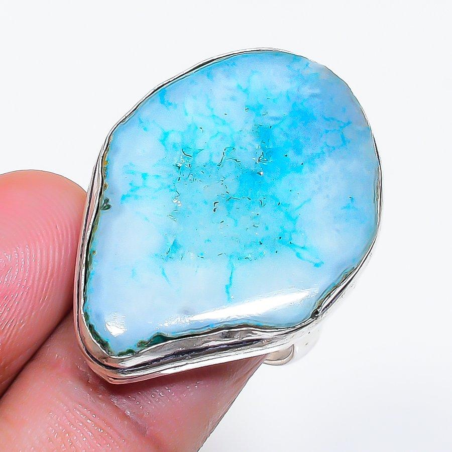 Natural Blue Druzy Slice Gemstone 925 Sterling Silver Jewelry Ring Size 7 ZS-975