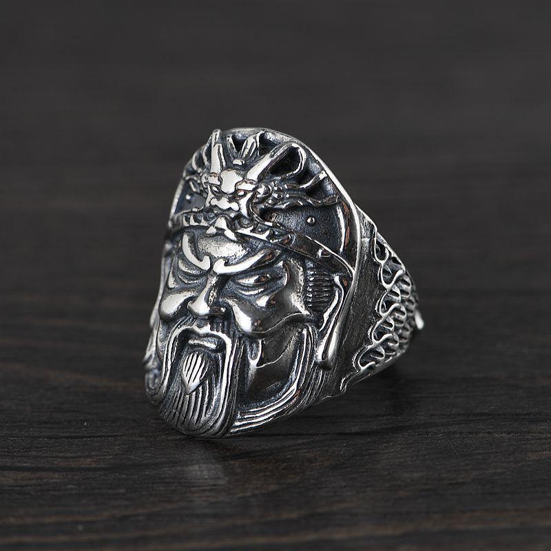 Plain Silver Guan Gong Ring Yi Bo Yuntian Guan Yu Erye Dragon Scale Pattern Open Index Finger Men's Ring