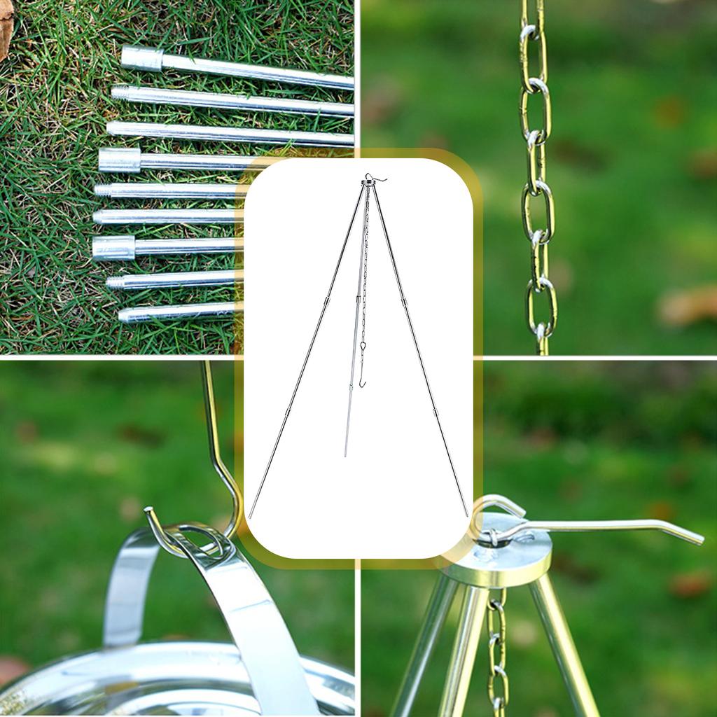 BBQ Tripod Frame with Chain and Hook Storage Bag Adjustable Height Camping Tripod Stand for Open