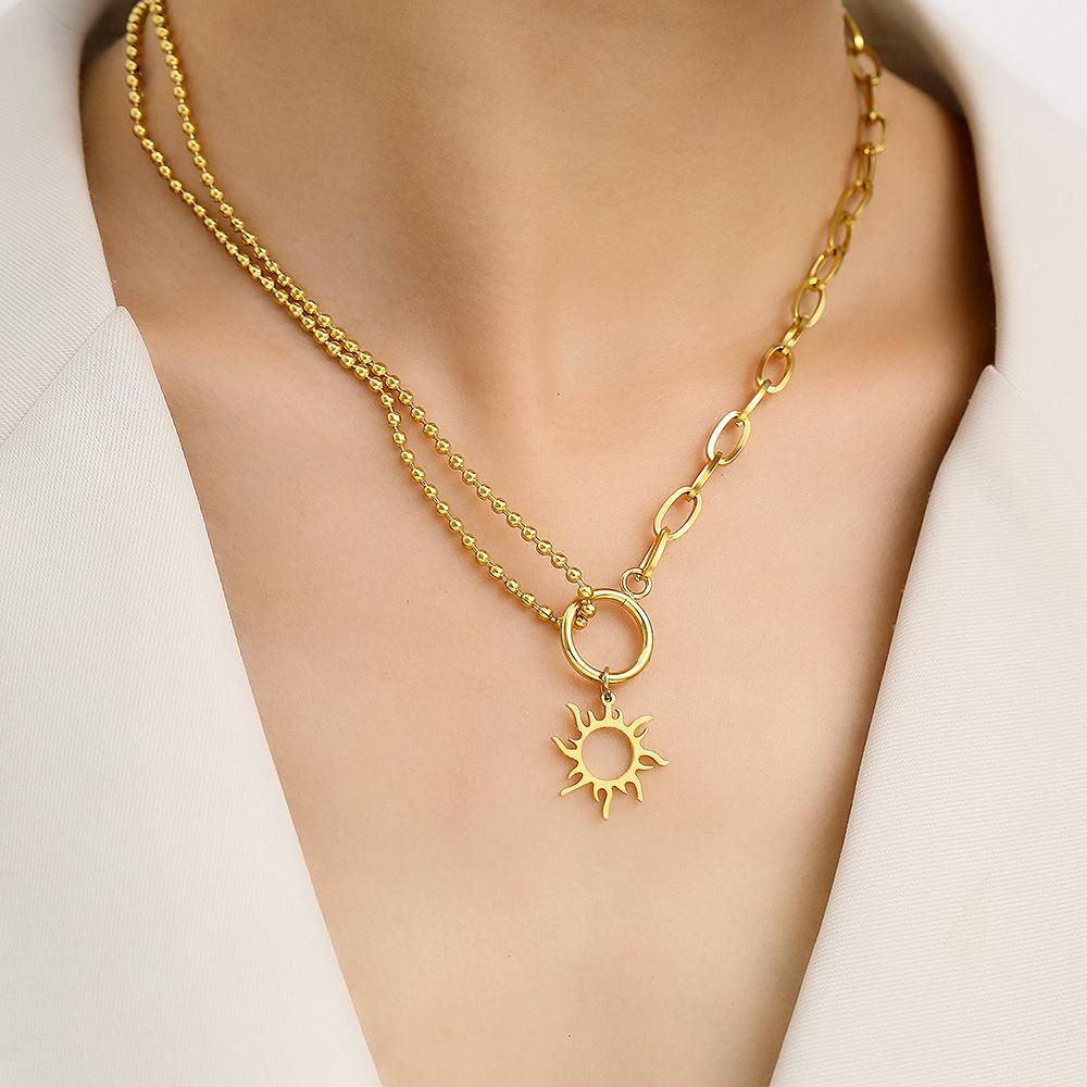 Stainless Steel Necklaces Trendy Fine Delicate Sun Totem Fashion Mix Match Zircon Chains Pendants Necklace For Women Zircon Gift