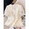 Spring Summer Women Lace Trim V Neck Blouse Floral Print Puff Sleeve Romantic Casual Loose Fit Ivory Chiffon To