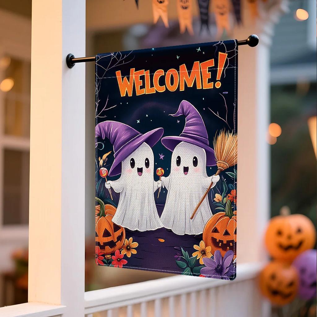 Halloween Garden Flag Pumpkin Ghost Witch Halloween Flags Double Sided Faux Linen Funny Yard Decoration for Outdoor Welcome