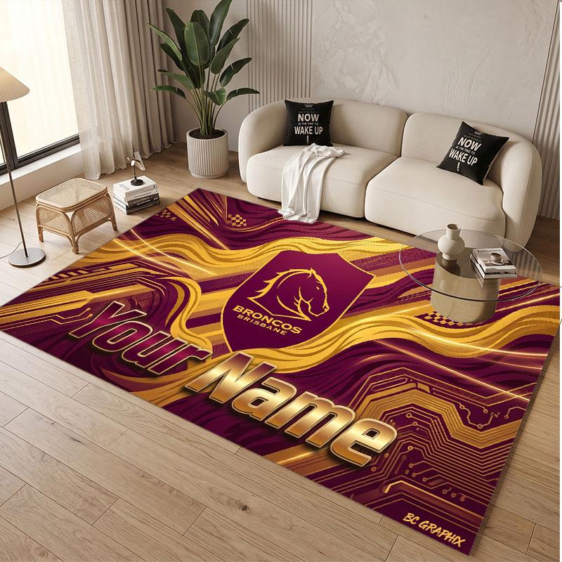 Custom Rug Brisbane Broncos Pattern Print Name Text Soft Non‑Slip Floor Carpet for Home Indoor Decoration