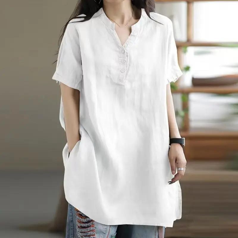 Breathable Linen Tunic for Women Burgundy Short Sleeve V-Neck Half Button Casual Loose
