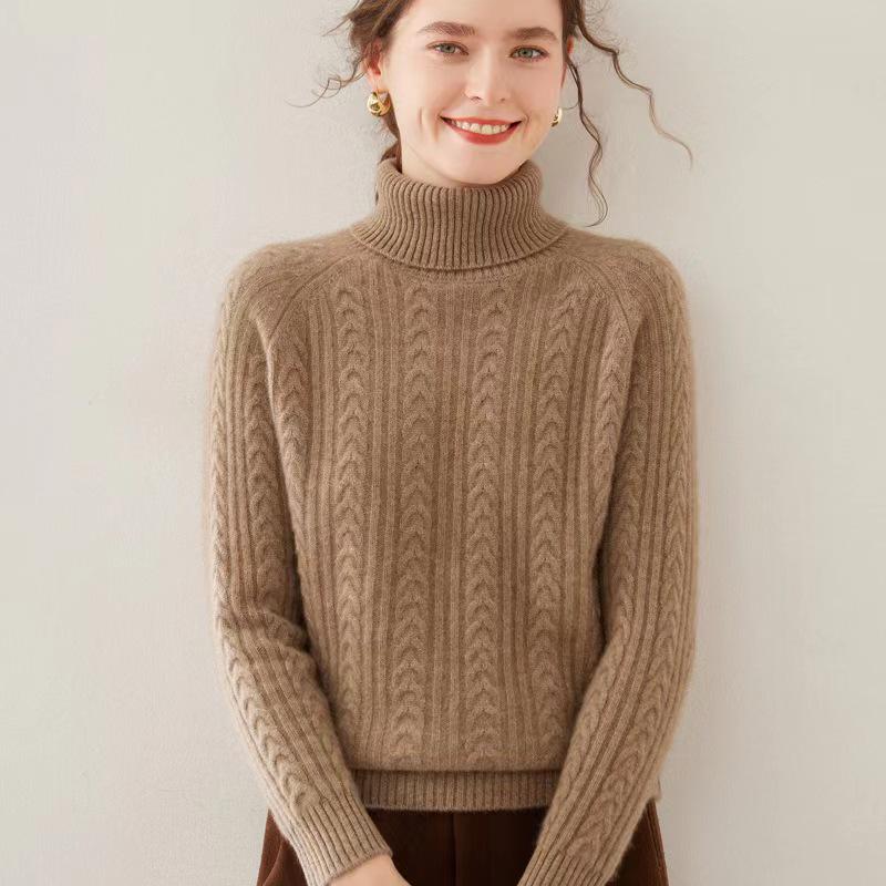 Women's High Neck Wool Cashmere Sweater - Thick, Trendy Raglan Sleeve Pullover for Autumn/Winter.