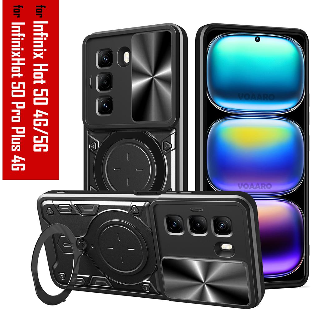 Slide Lens Armor Funda for Infinix Hot 50 5G Case for Infinix Hot 50 Pro Plus 5G Case Magnetic Rotate Ring Stand Holder Cover