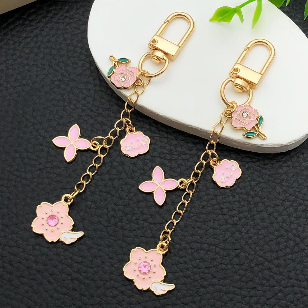 Pink Rose & Cherry Blossom Zinc Alloy Keychain Pendant