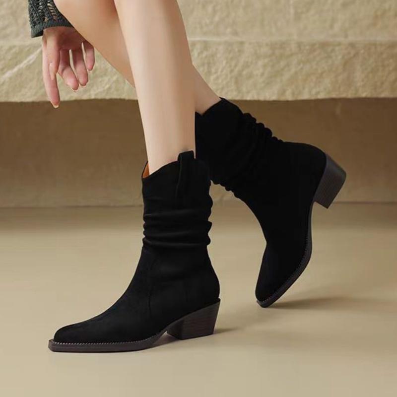 

Модные новые замшевые ботинки-жокейские ботинки на квадратном каблуке большого размера для зимы с острым носком, удобные, теплые и повседневные короткие ботинки для женщин 35